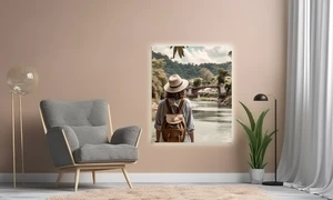 Beleuchtete Backlit Folie an Wand, Motiv Frau, die in die Ferne auf Fluss und Dschungel blickt