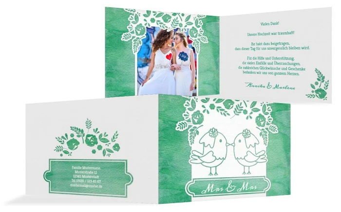 Hochzeit Danksagung Vogelpaar Brautkleid