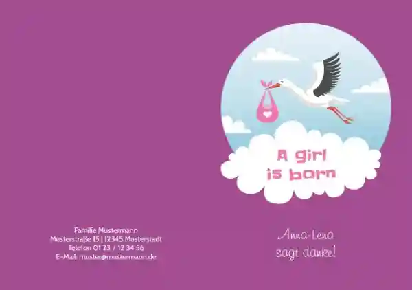 Dankeskarte zur Geburt Storch Mädchen