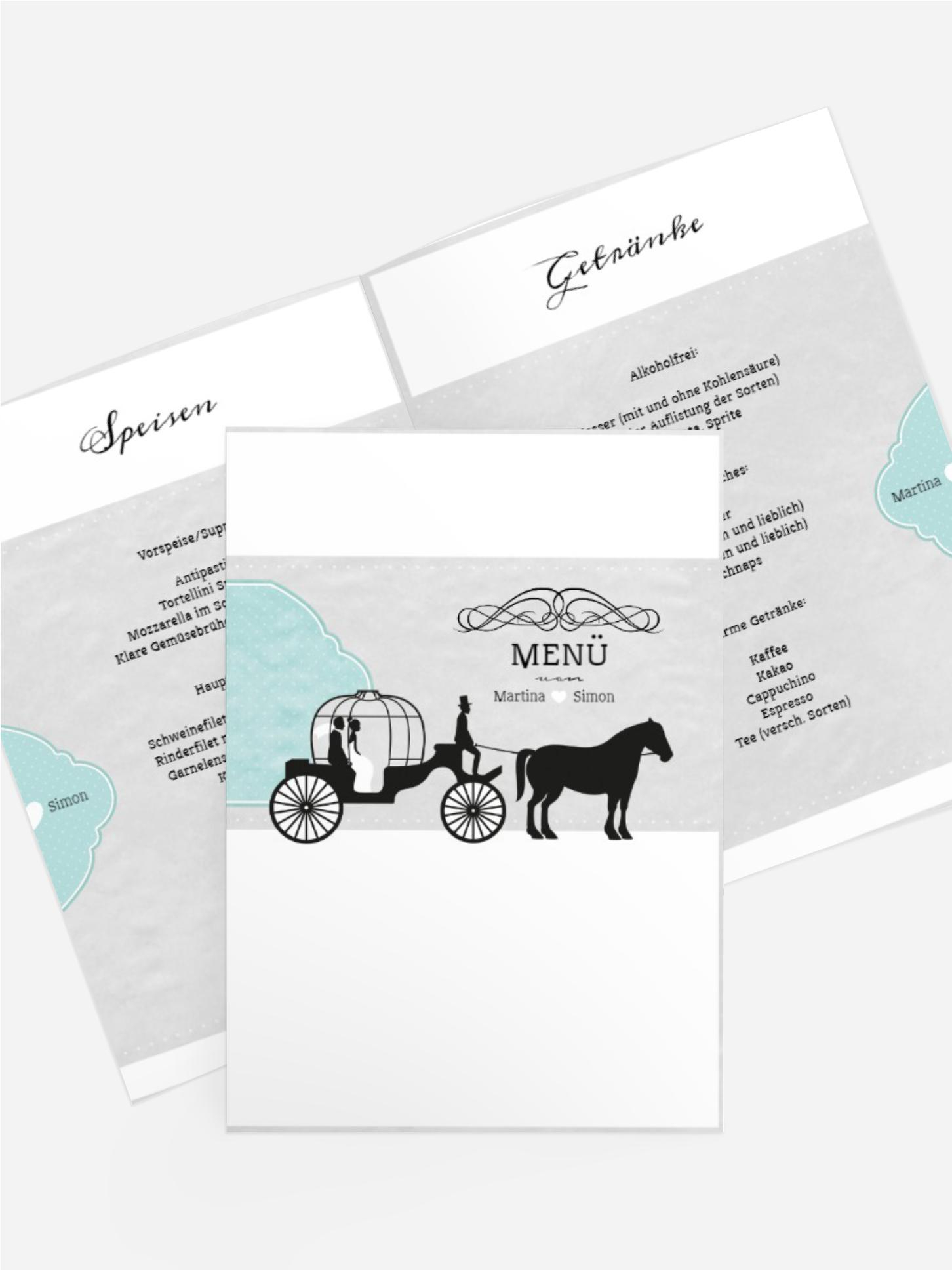 Hochzeitsmenükarte Kutsche
