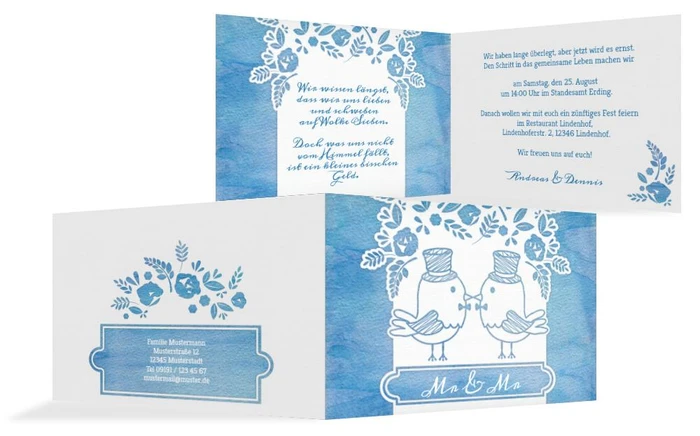 Hochzeitseinladung Vogelpaar Zylinder