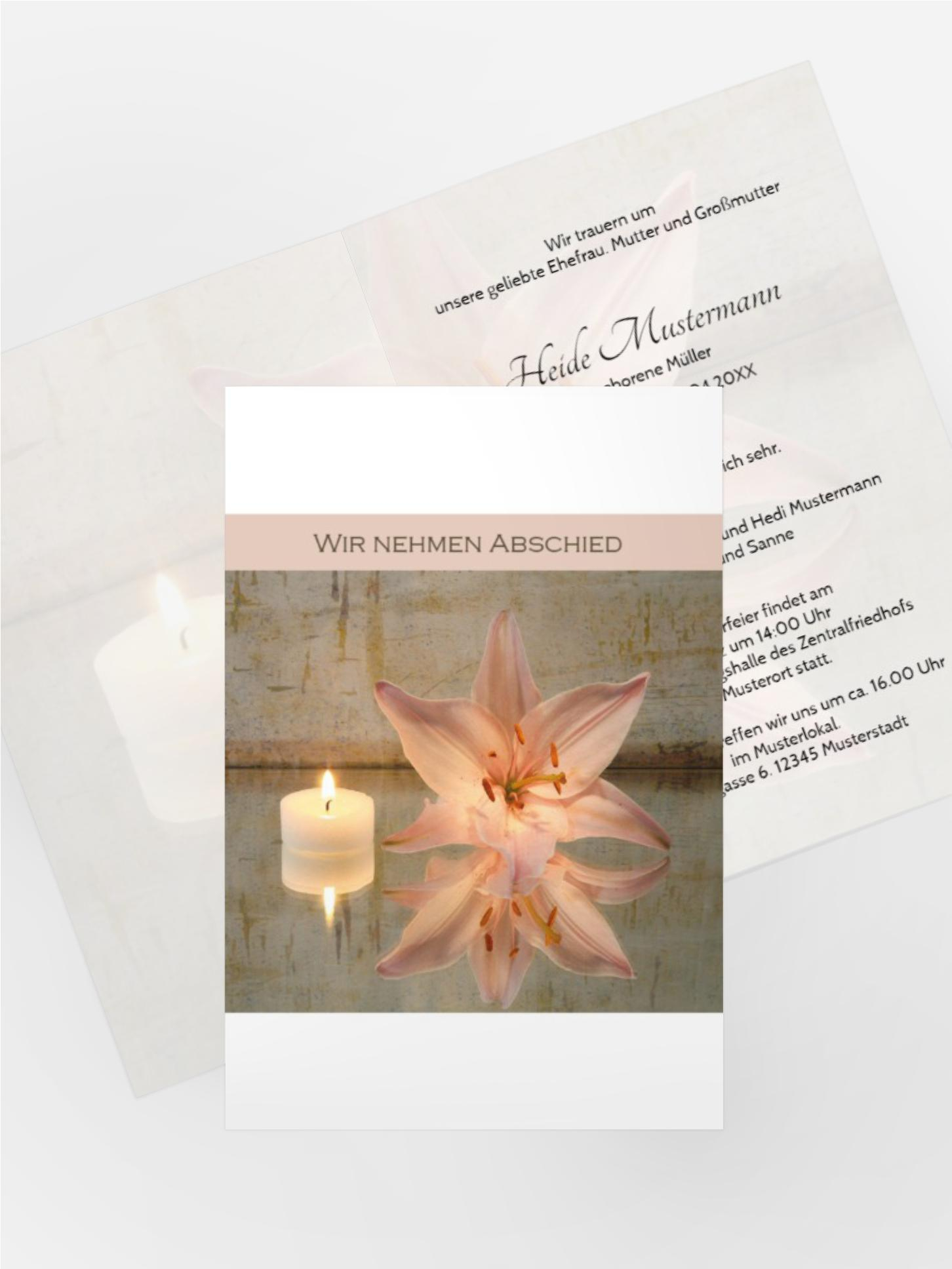 Trauerkarte Kerze und Blumen hoch