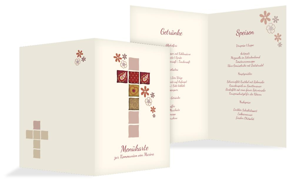 Menükarte Kommunion Florales Kreuz