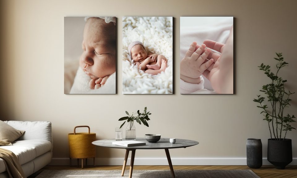 3-teilige Wandbilder aus Alumium im matten Alu Dibond Druck mit Motiv Baby