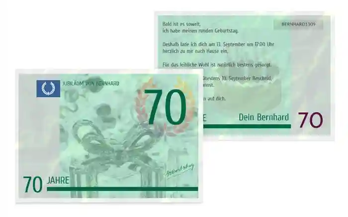 Einladungskarte zum Geburtstag Geldschein 70
