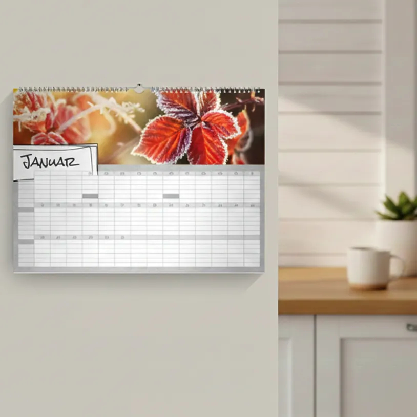 Ein querformatiger Immerwährender Geburtstagskalender mit dem Monat Januar und einem herbstlichen Blätter-Motiv an einer weißen Wand in einer gemütlichen Küche im schwedischen Wohnstil.