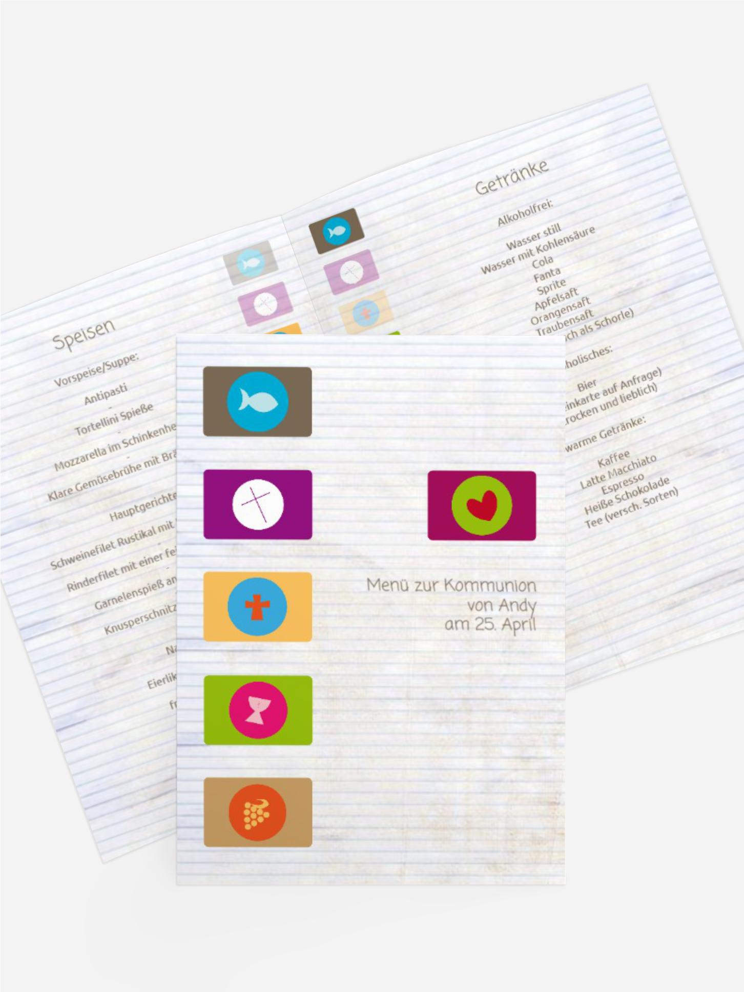 Menükarte Kommunion mit Buttons