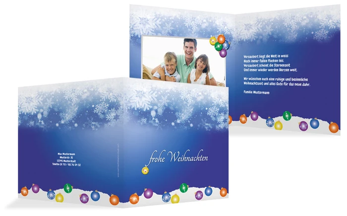 Weihnachtsgrußkarte Privat Kugeln im Schnee