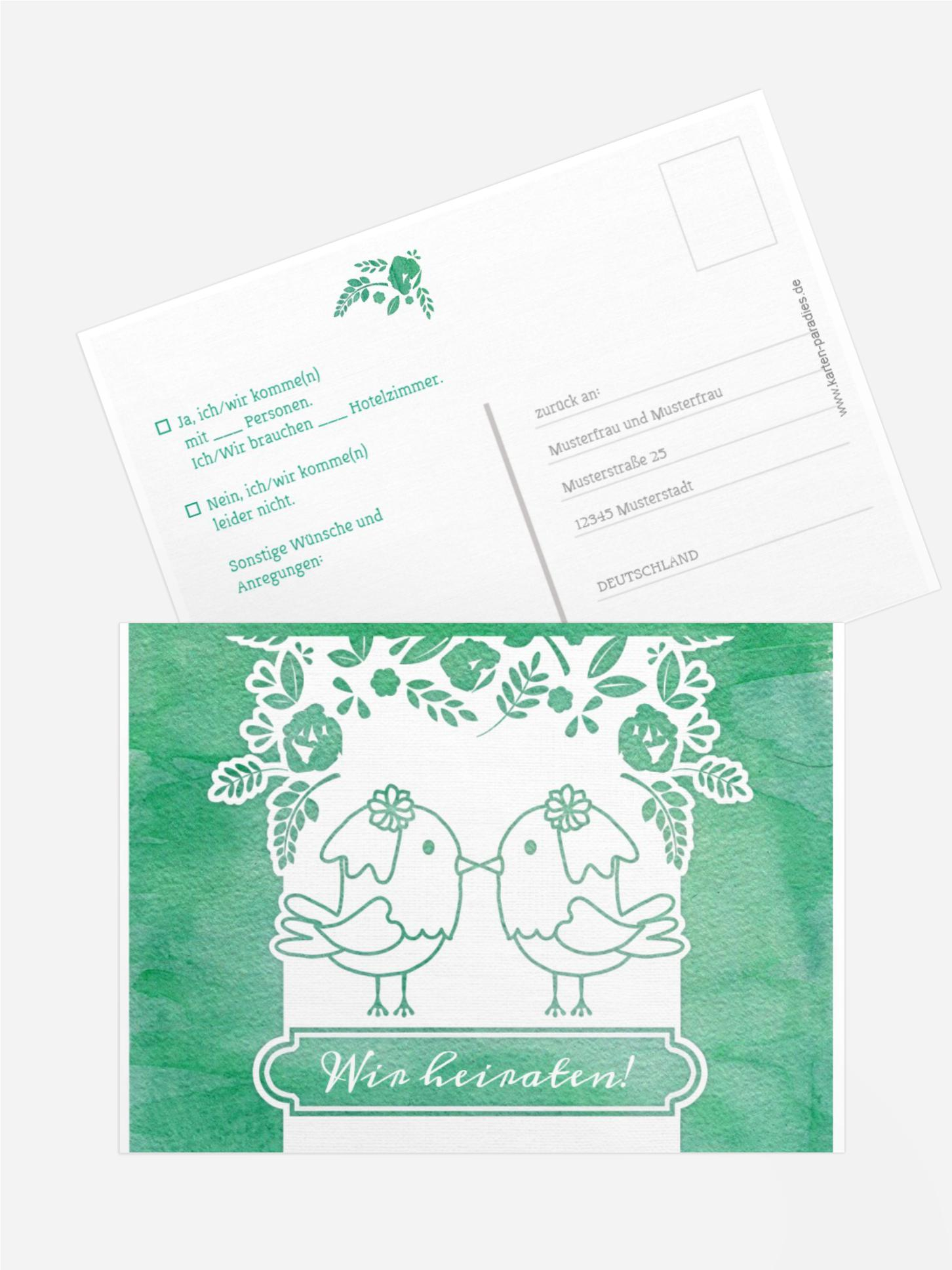 Antwortkarte zur Hochzeit Vogelpaar Brautkleid