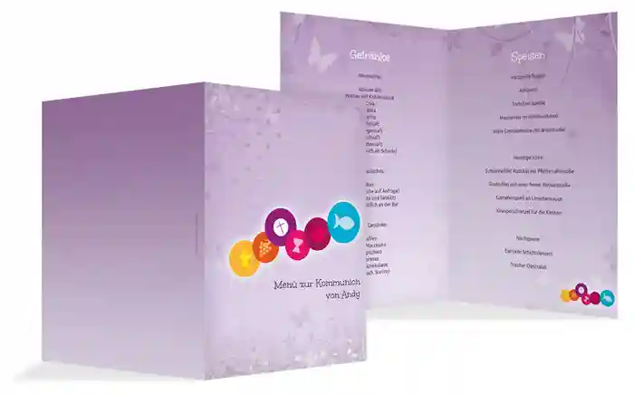 Menükarte zur Kommunion bunte Elemente