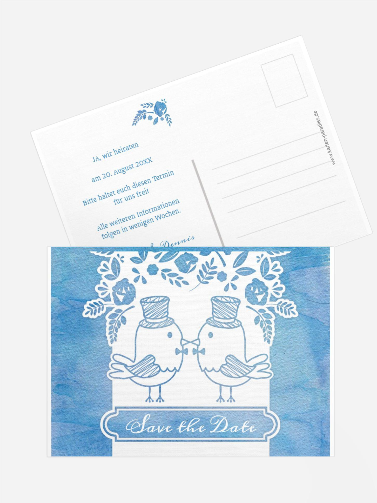 Save the Date Karte zur Hochzeit Vogelpaar Zylinder