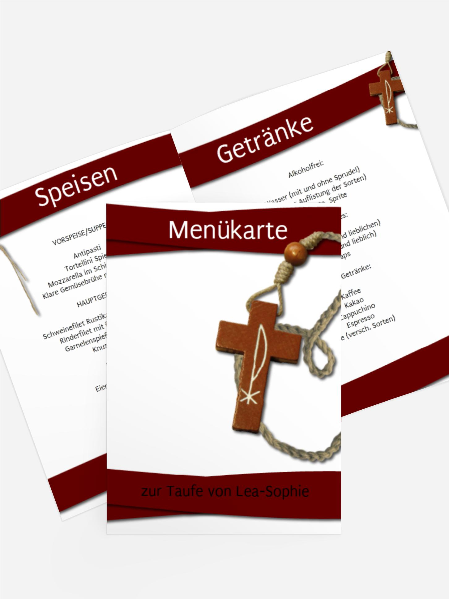 Menükarte Taufe Kreuz auf Welle
