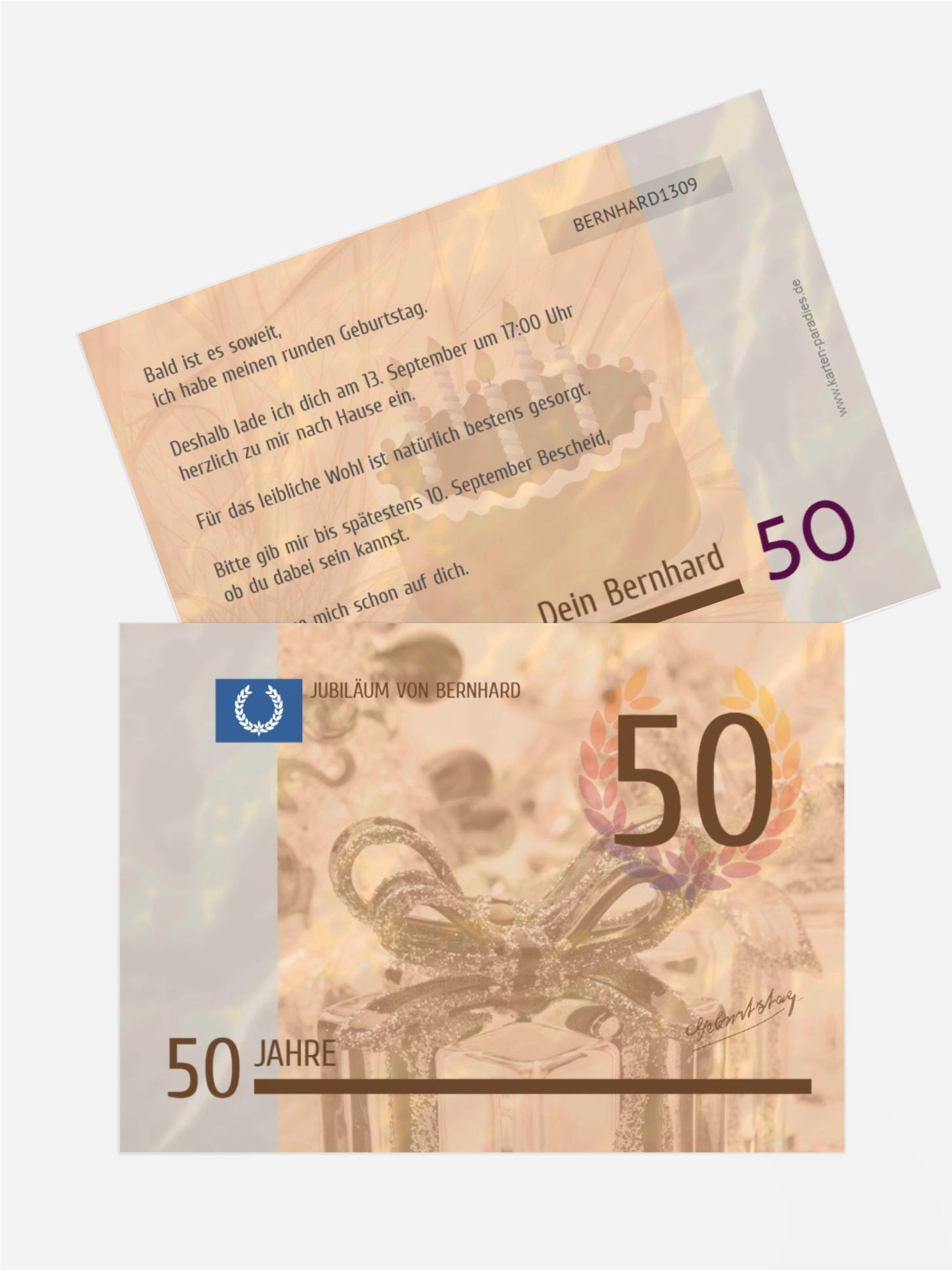Einladungskarte zum Geburtstag Geldschein 50