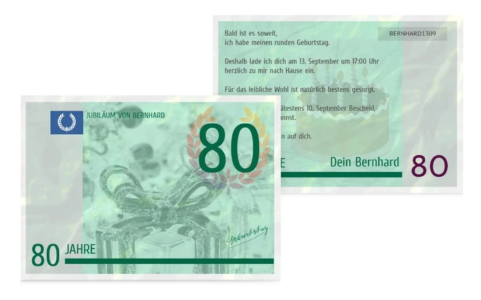 Einladungskarte zum Geburtstag Geldschein 80