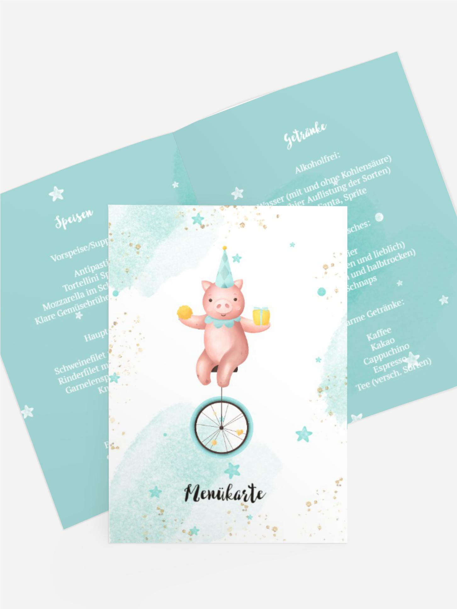 Menükarte Geburtstag Zirkus-Ferkel