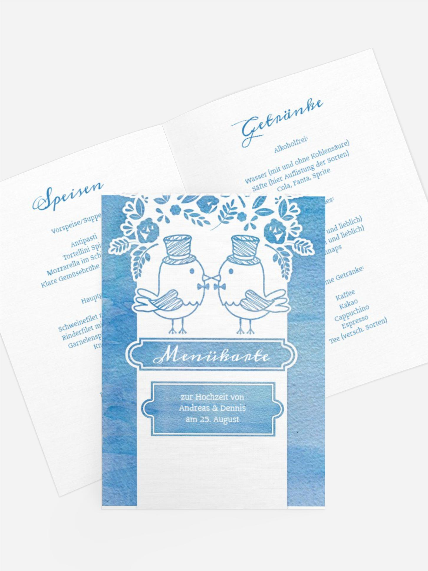 Hochzeitsmenükarte Vogelpaar Zylinder