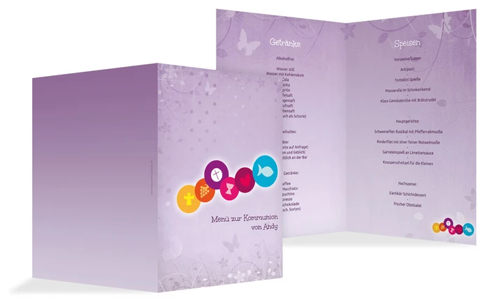 Menükarte zur Kommunion bunte Elemente