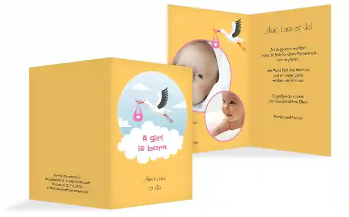 Karte zur Geburt Storch Mädchen