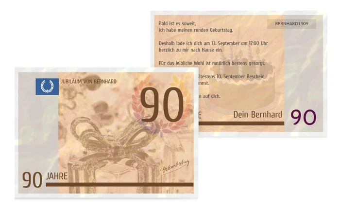 Einladungskarte zum Geburtstag Geldschein 90 Einladungskarte zum Geburtstag Geldschein 90